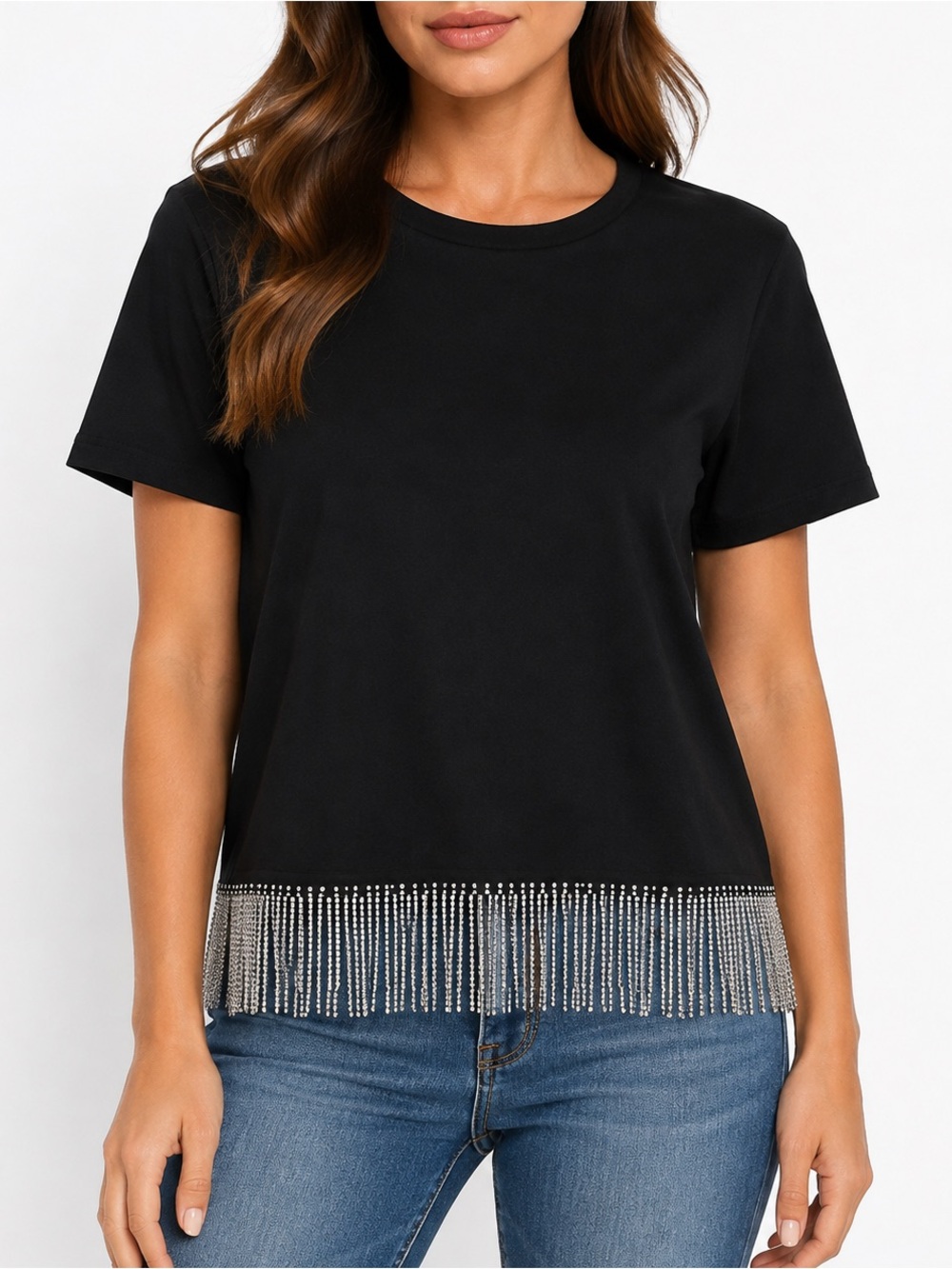 Joie Black Rhinestone Fringe Hem Short-Sleeve Top Size Small
